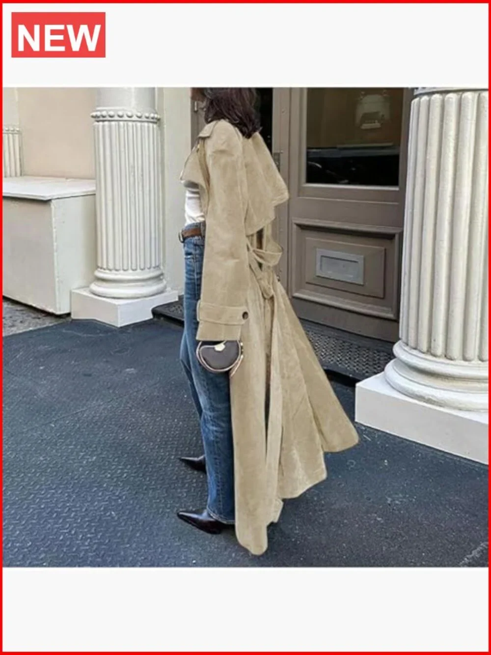Faux Suede Long Trench Coat Notched Lapel Double Breasted Pea Coat Overcoat - Picture 3 of 7